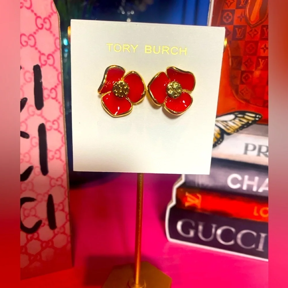 A-1DC-33: TORY BURCH Red Flower w/Gold Trimming Earrings, NWOT
